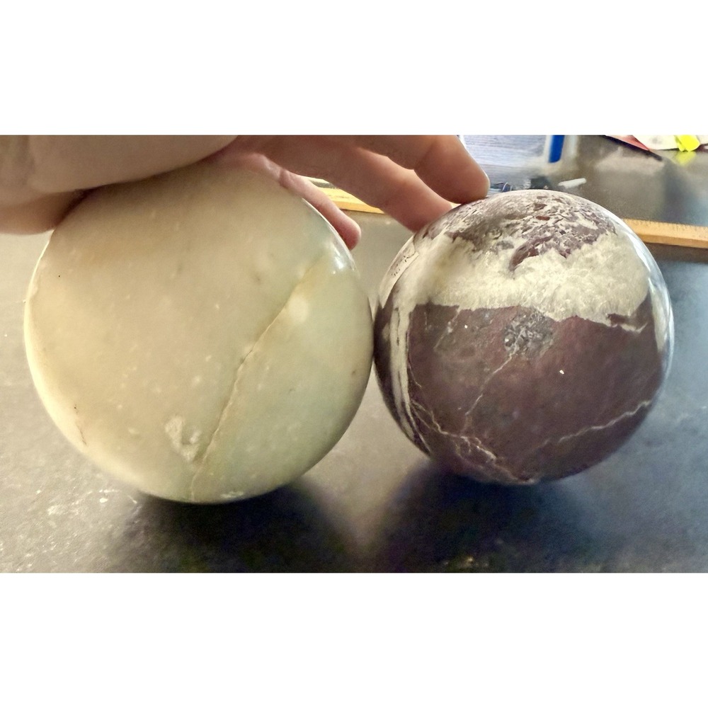 2‎ Natural Stone Spheres White Onyx & Red Fossil Marble 3.5" Pakistan Decor VTG